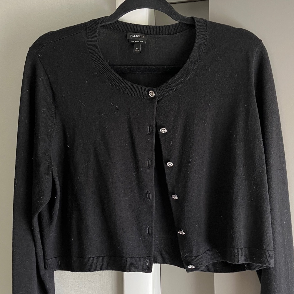 Talbots Black Merino Wool Crop Sweater Rhinestone Buttons